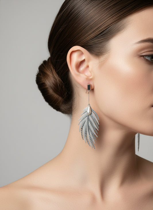 Silver Feather Statement Earrings