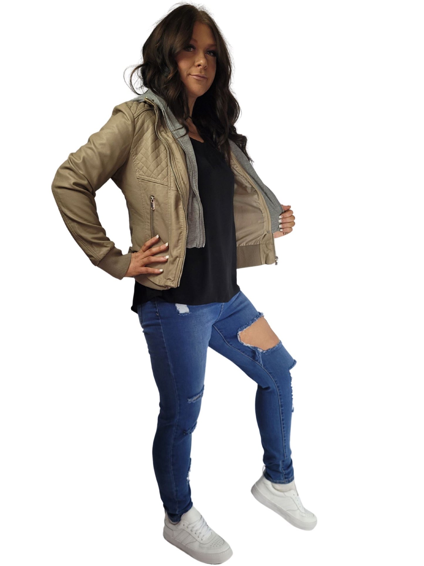 Beige Pleather and material hooded zip jacket Shorts Aambers Goodies xx