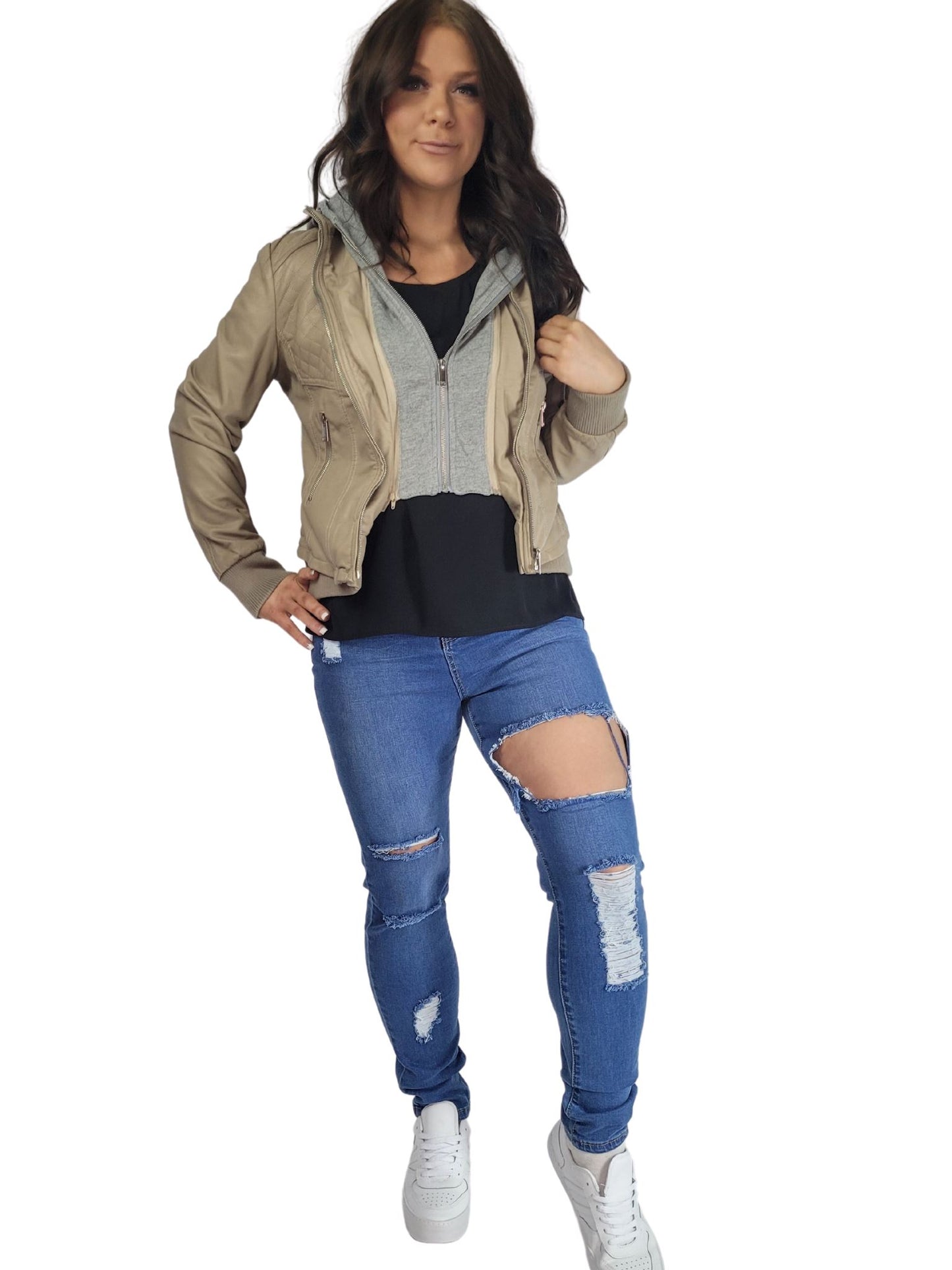 Beige Pleather and material hooded zip jacket Shorts Aambers Goodies xx