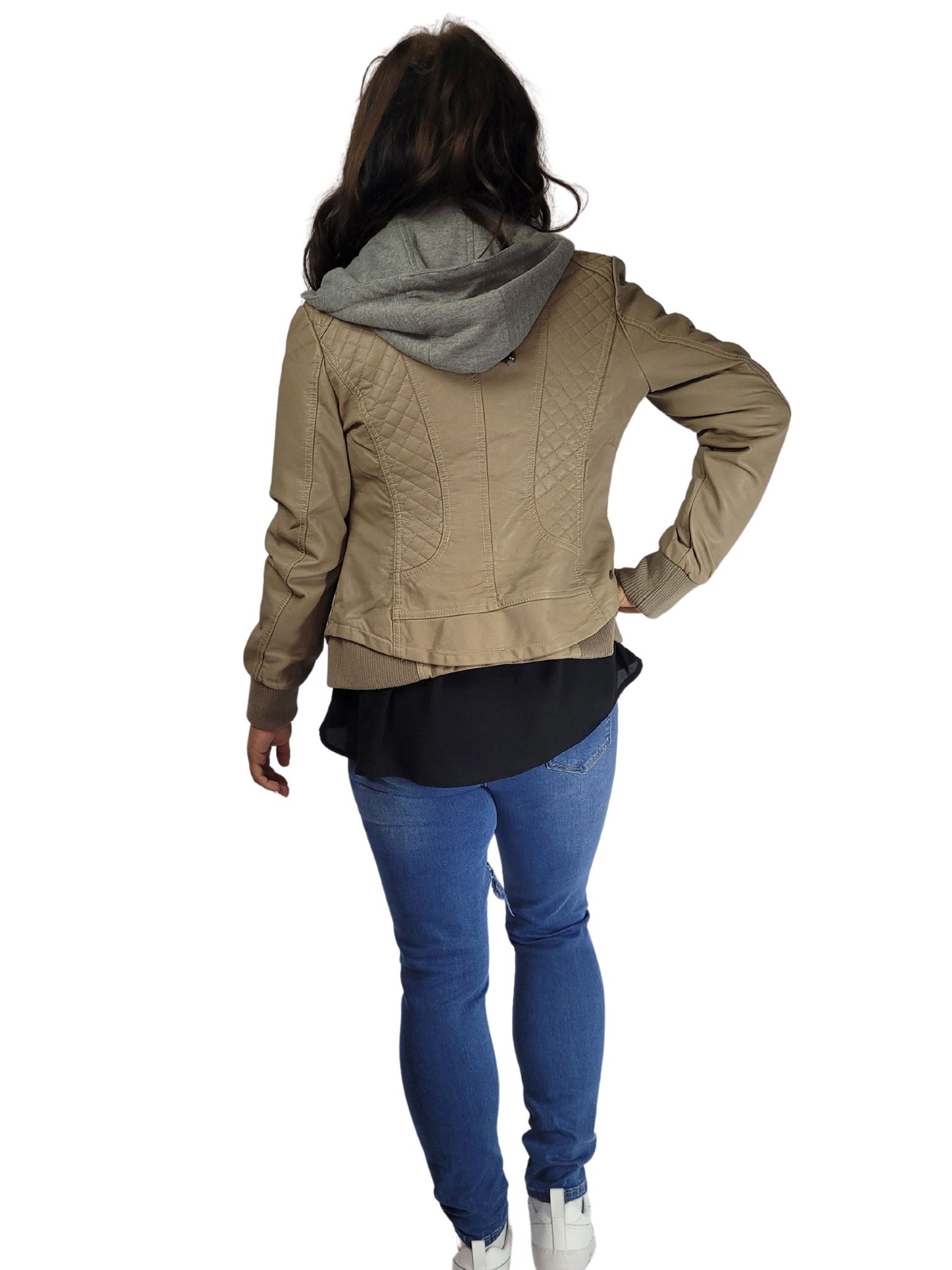 Beige Pleather and material hooded zip jacket Shorts Aambers Goodies xx