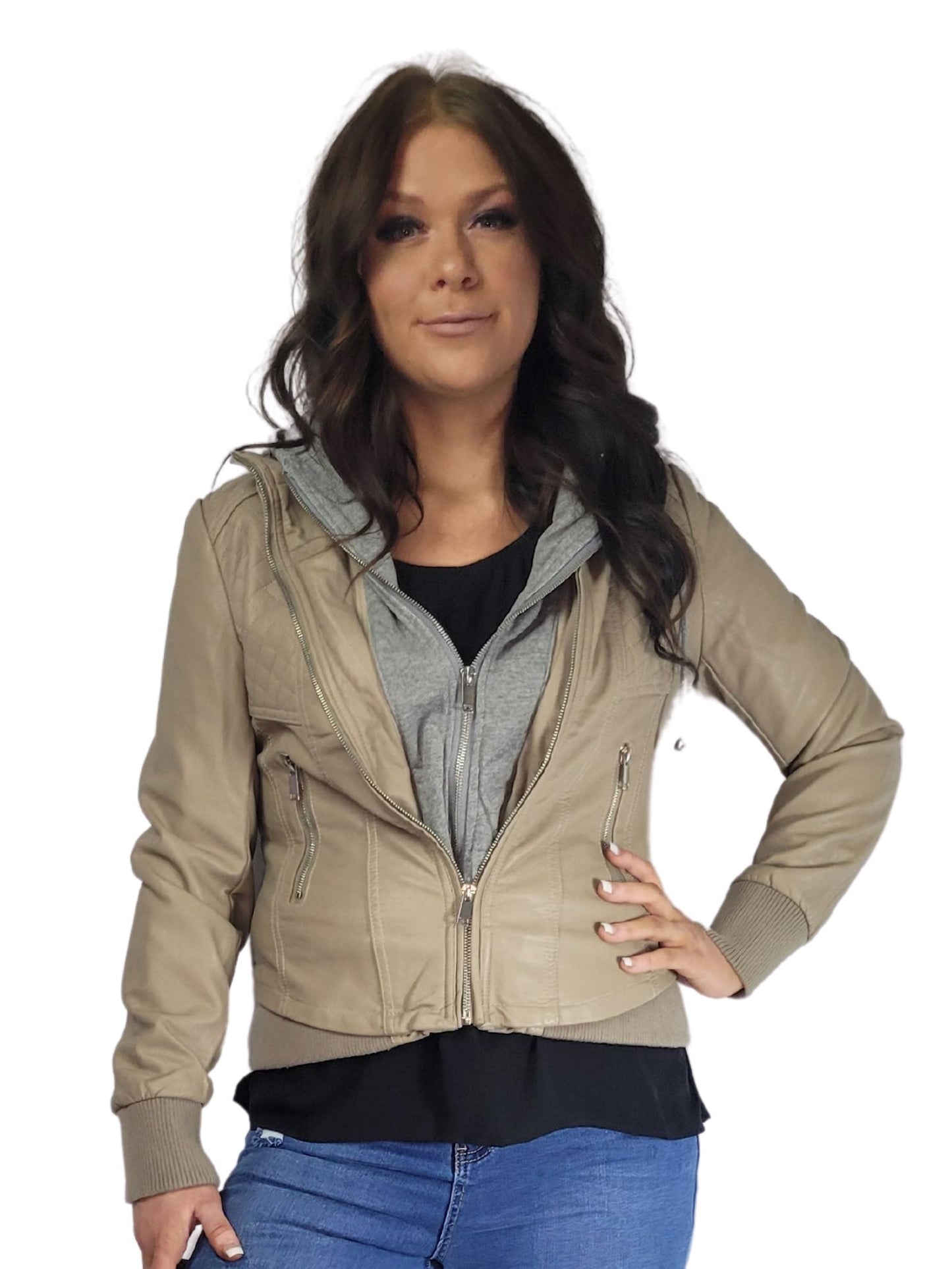 Beige Pleather and material hooded zip jacket Shorts Aambers Goodies xx 8-10 au (S-M)