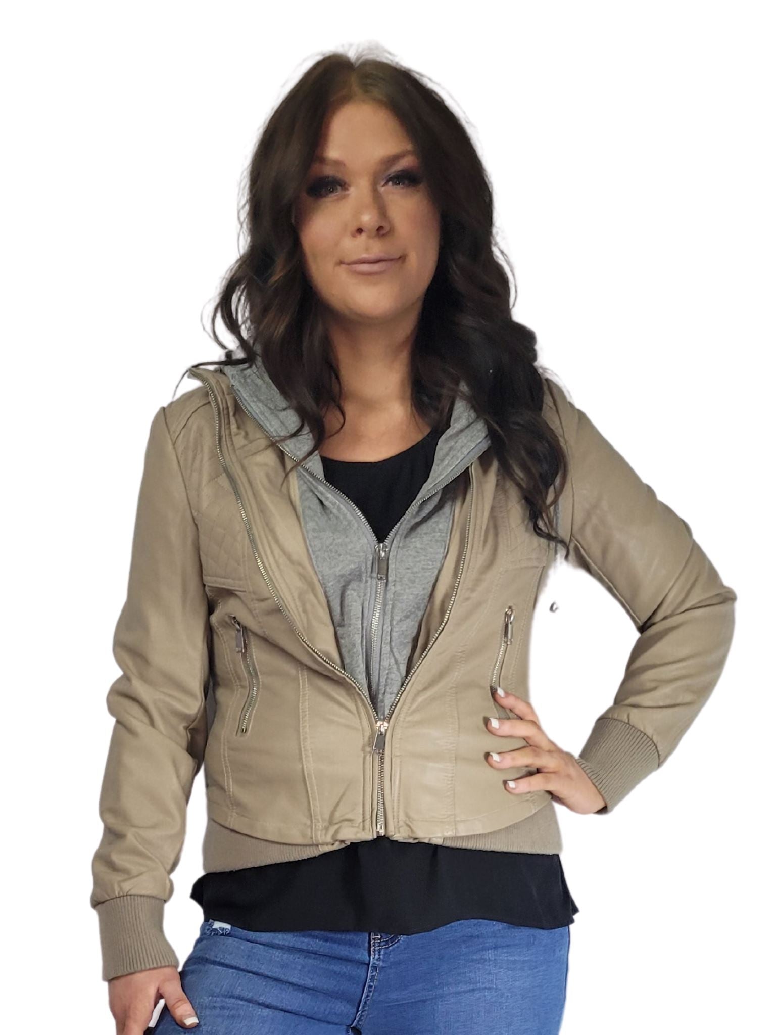 Beige Pleather and material hooded zip jacket Shorts Aambers Goodies xx 8-10 au (S-M)