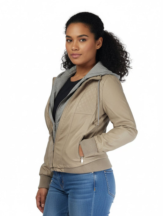 Beige Pleather and material hooded zip jacket Shorts Aambers Goodies xx 8-10 au (S-M)