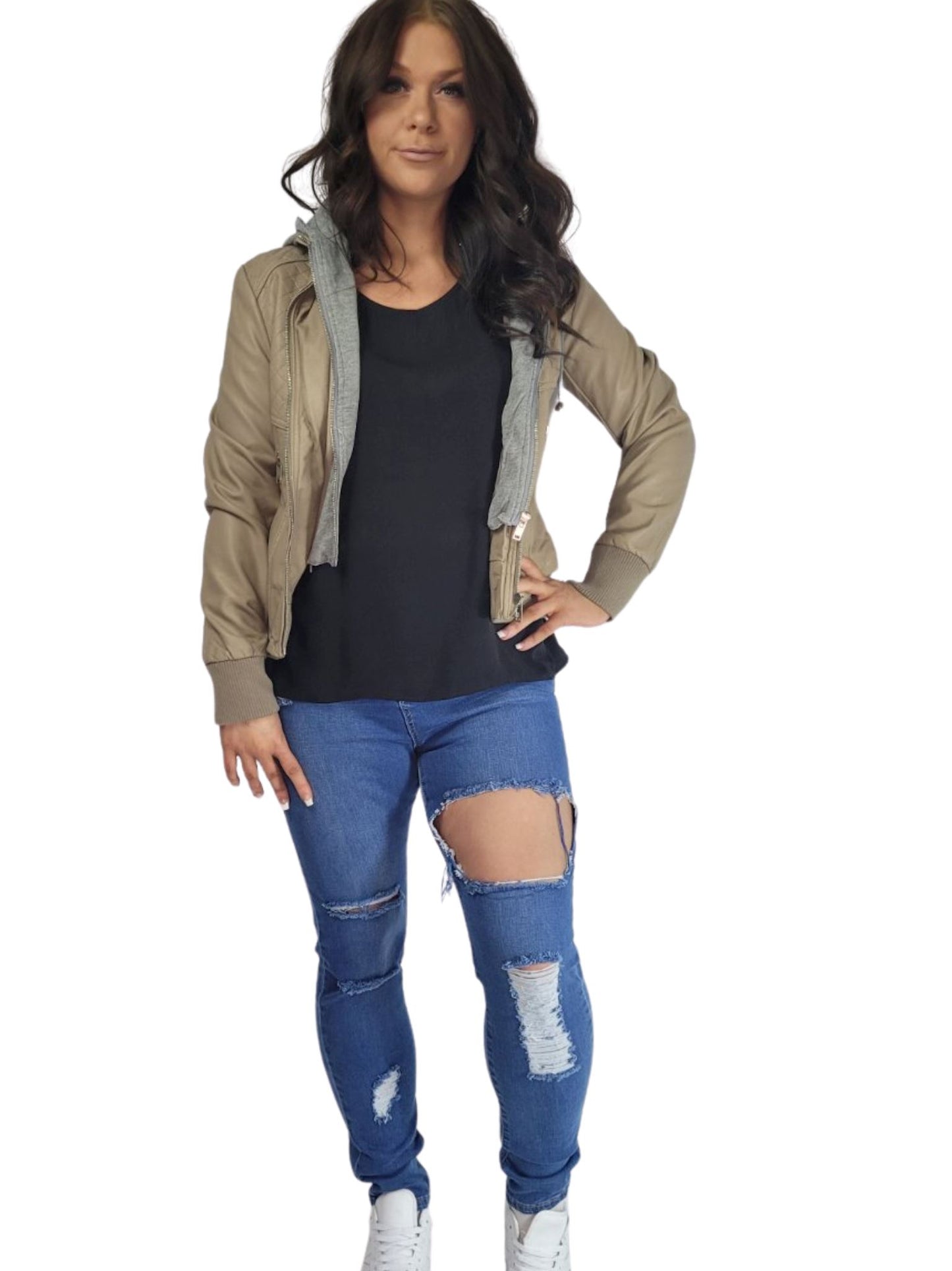 Beige Pleather and material hooded zip jacket Shorts Aambers Goodies xx