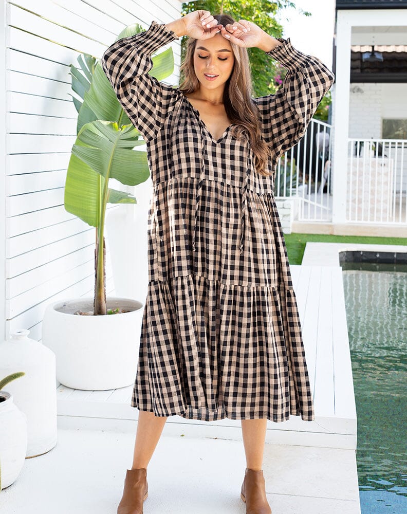 Gingham Toffee and Black midi long sleeve dress Aambers Goodies xx