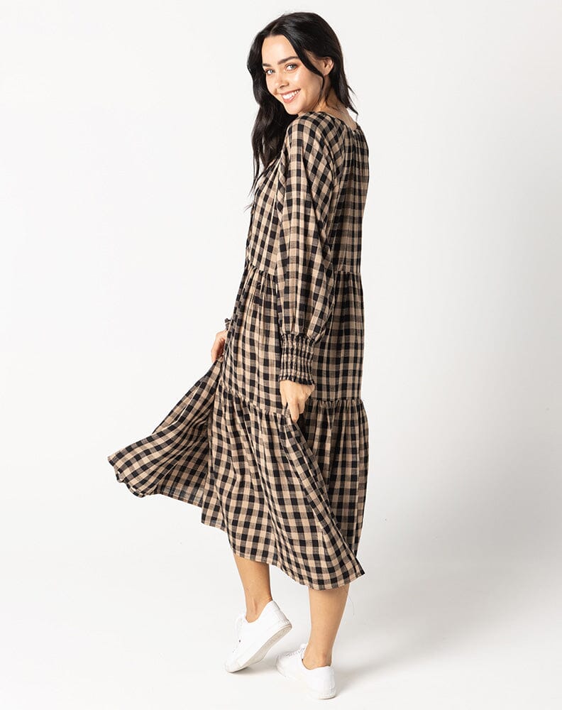 Gingham Toffee and Black midi long sleeve dress Aambers Goodies xx