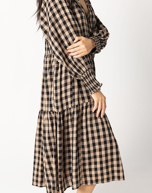 Gingham Toffee and Black midi long sleeve dress Aambers Goodies xx
