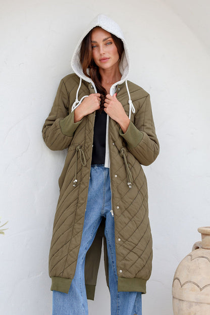 MARISSA Khaki Long line Quilted Parka detachable hood