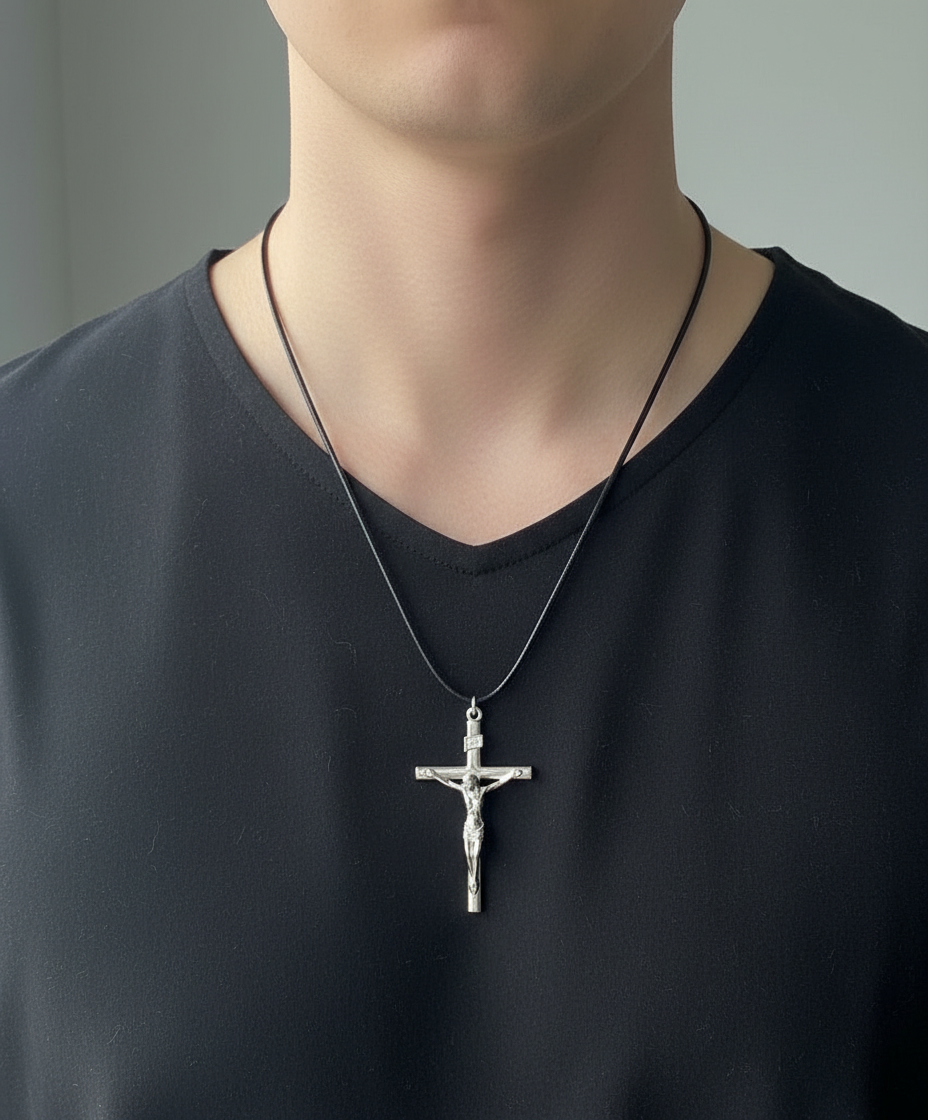 Silver tone Crucifix Necklace – Black Cord Chain