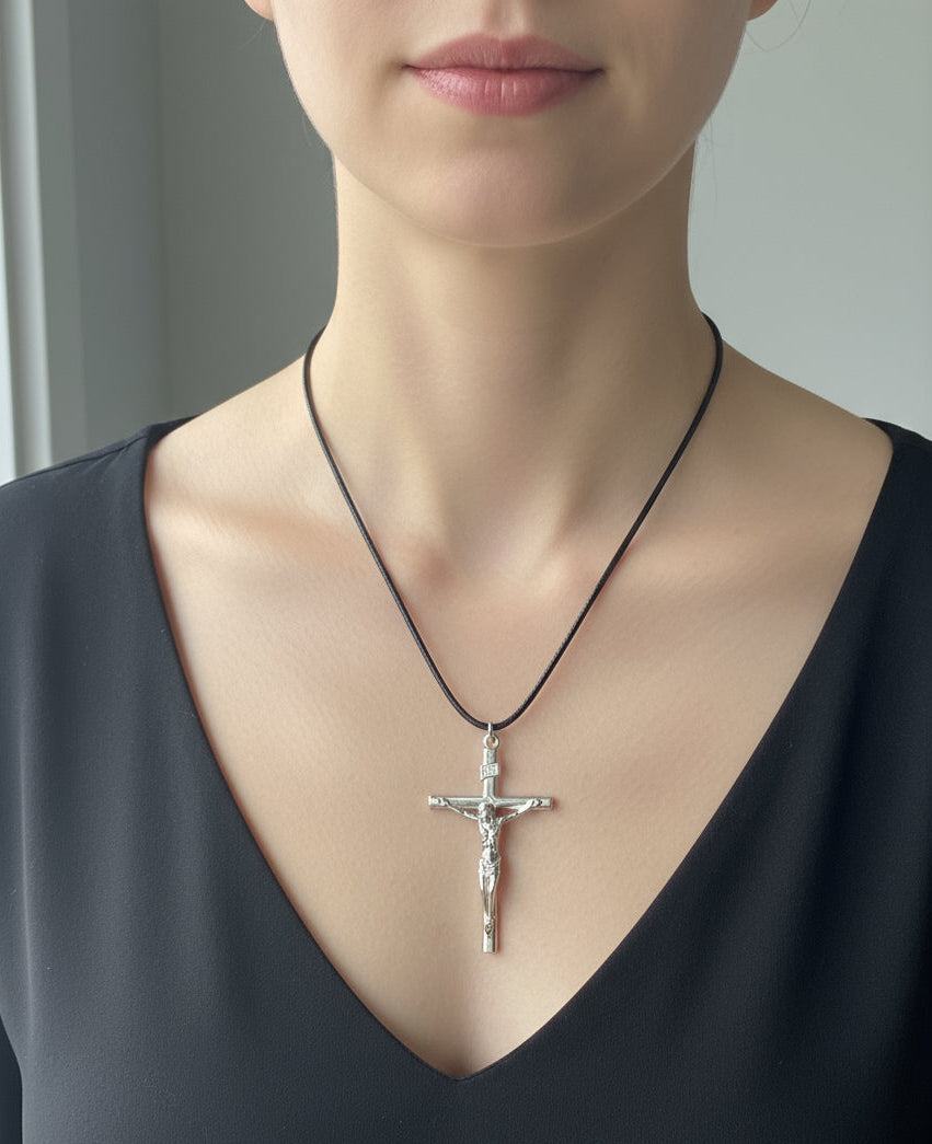 Silver tone Crucifix Necklace – Black Cord Chain