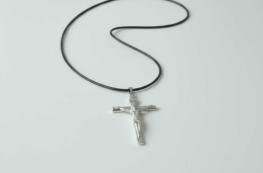 Silver tone Crucifix Necklace – Black Cord Chain