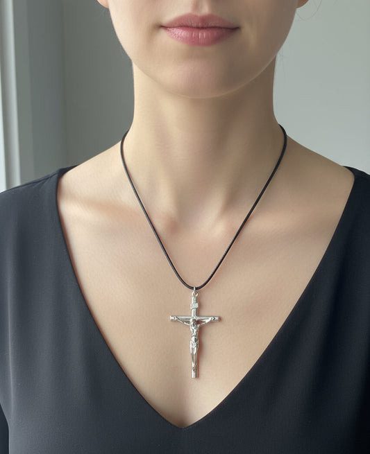 Silver tone Crucifix Necklace – Black Cord Chain
