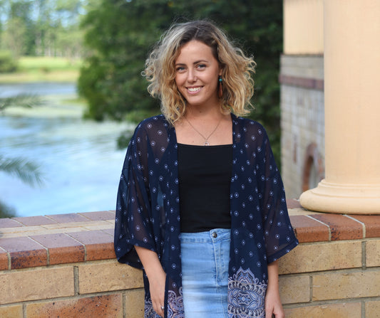 Dark blue & lilac Floral Dreams original Open Kaftan