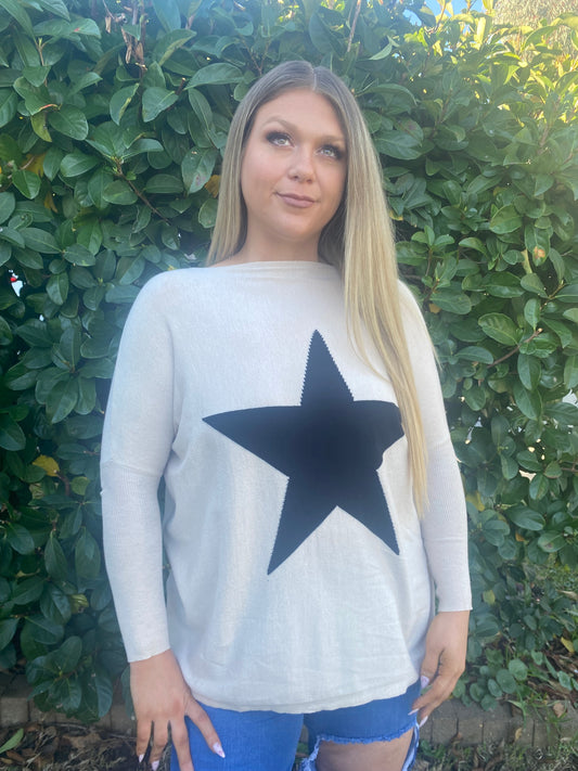 MEGHAN Cream Long Sleeve Black Star Top