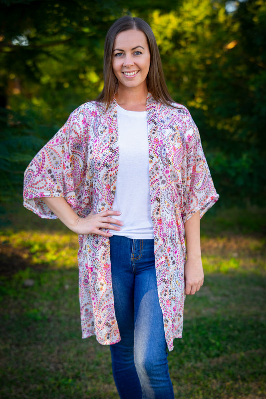 Pink Floral Peacock Midi Open Kaftan