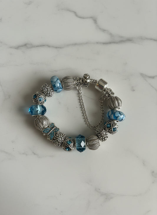 Blue Butterfly Charm Bracelet –Silver Tone Beaded Design
