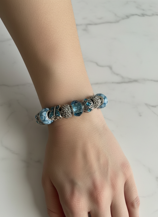 Blue Butterfly Charm Bracelet –Silver Tone Beaded Design