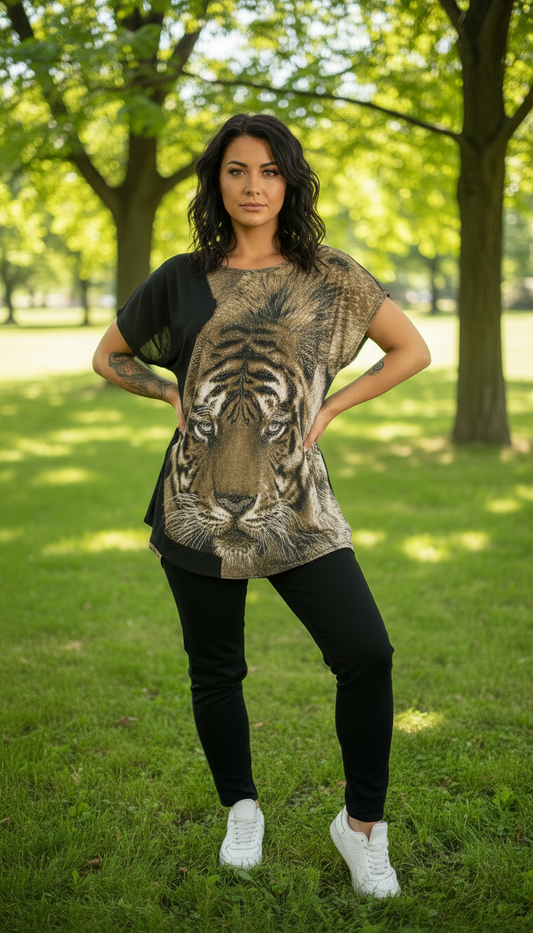 JOSIE Brown Tiger Bejewelled Tshirt