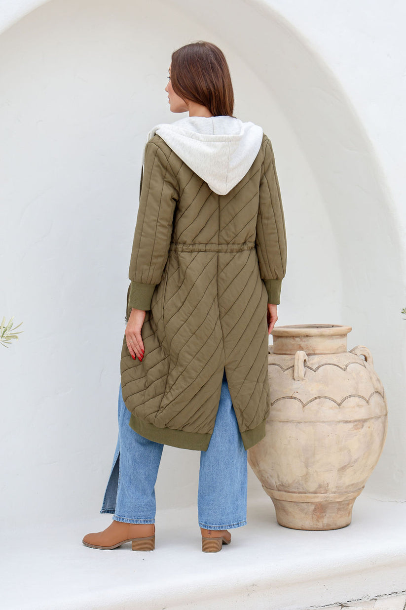 MARISSA Khaki Long line Quilted Parka detachable hood