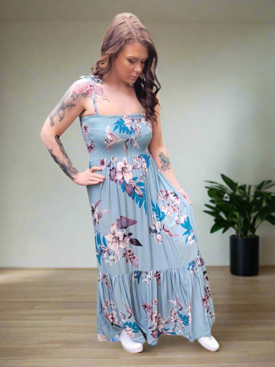 🩵 SAYLOR floral Tye Up Maxi tiered Dress 3 colours- Dusty Blue, Dusty pink & Navy Blue