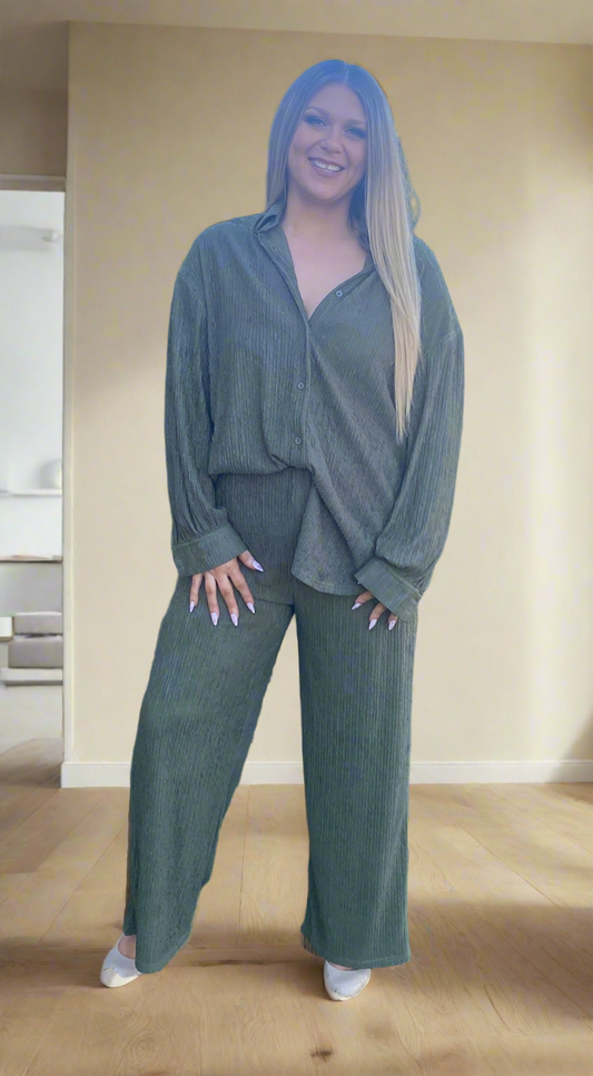 Khaki Crinkle Top & Pants Set