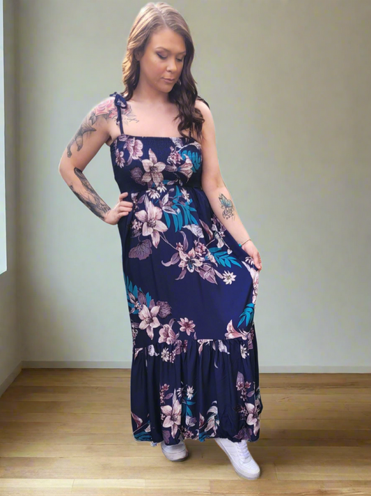 🩵 SAYLOR floral Tye Up Maxi tiered Dress 3 colours- Dusty Blue, Dusty pink & Navy Blue