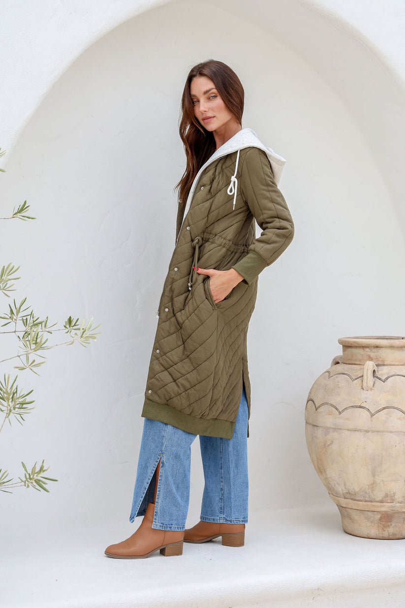 MARISSA Khaki Long line Quilted Parka detachable hood