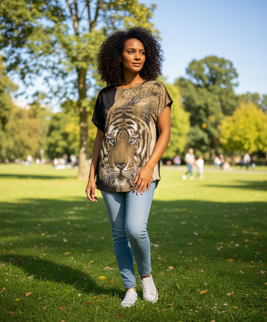 JOSIE Brown Tiger Bejewelled Tshirt