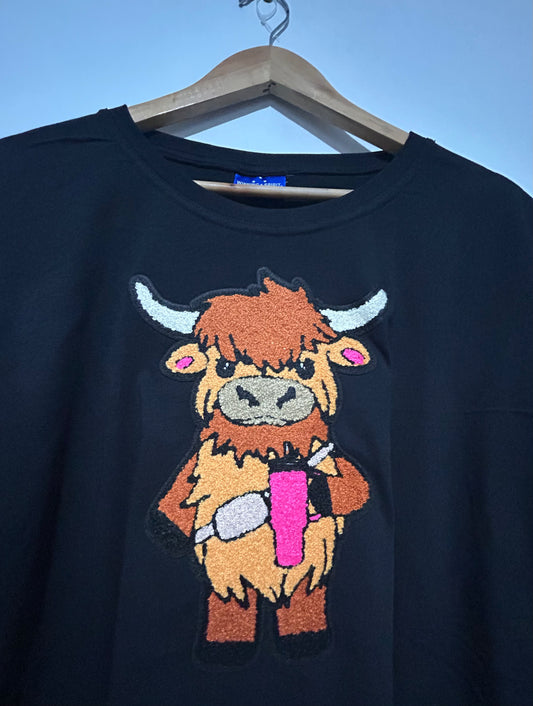 Highland cow with tumbler Handmade T-shirts
