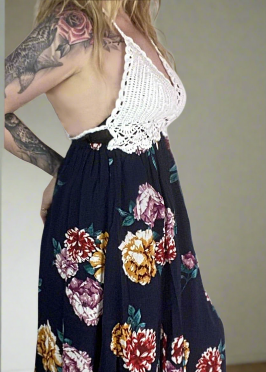 HAZEL Crochet Floral Maxi Dresses 2 colours- Navy Blue, White