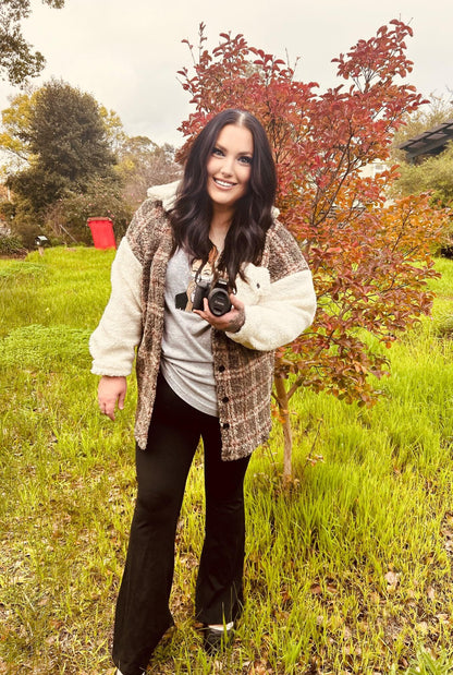 Khaki and White Fluffy Shacket Sweater