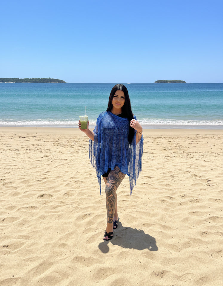 Blue Shimmer Netted Kaftan Throwover Top
