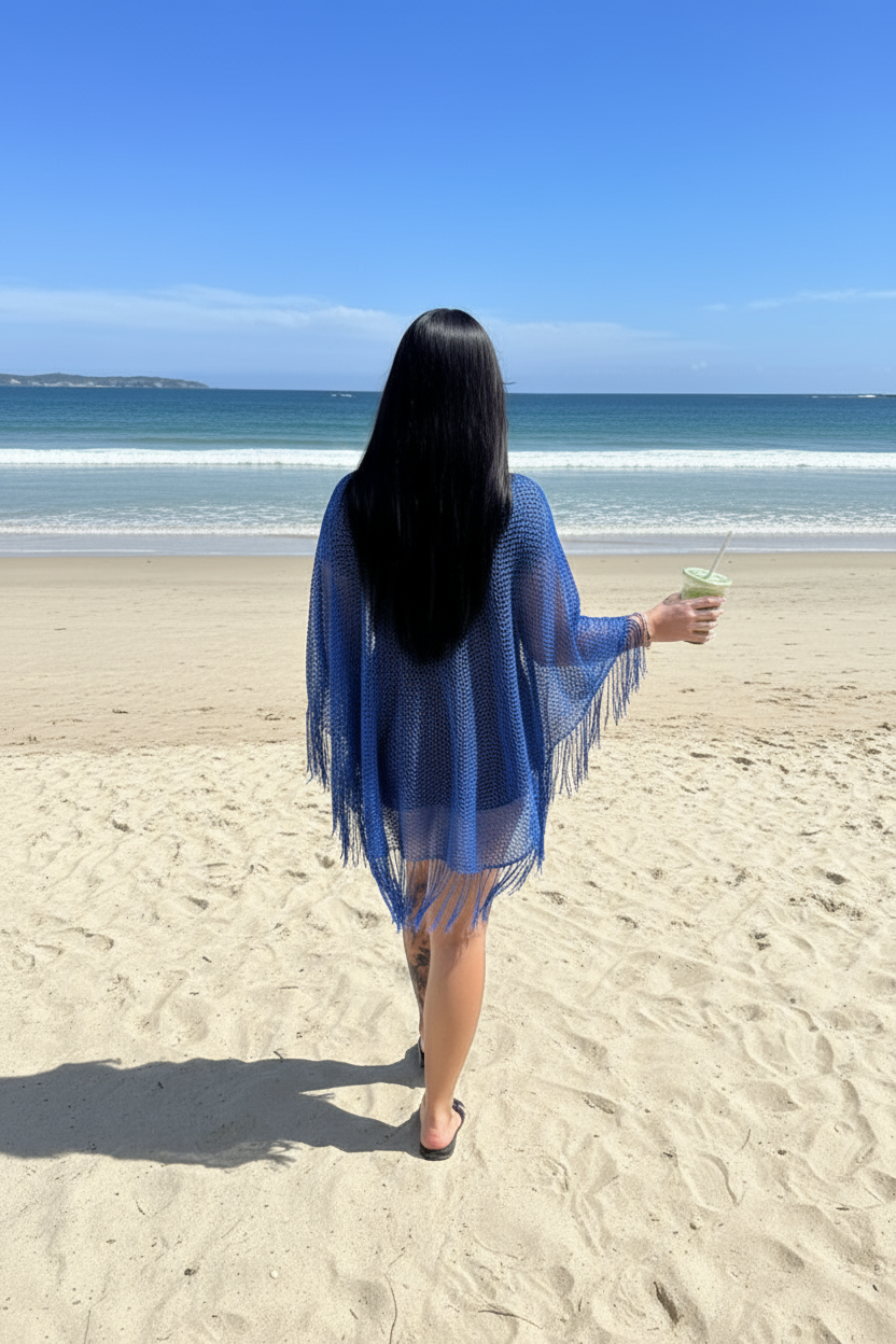 Blue Shimmer Netted Kaftan Throwover Top
