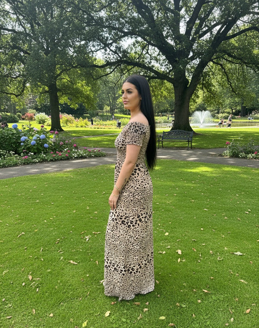Leopard Luxe Shirred Off-Shoulder Maxi Dress