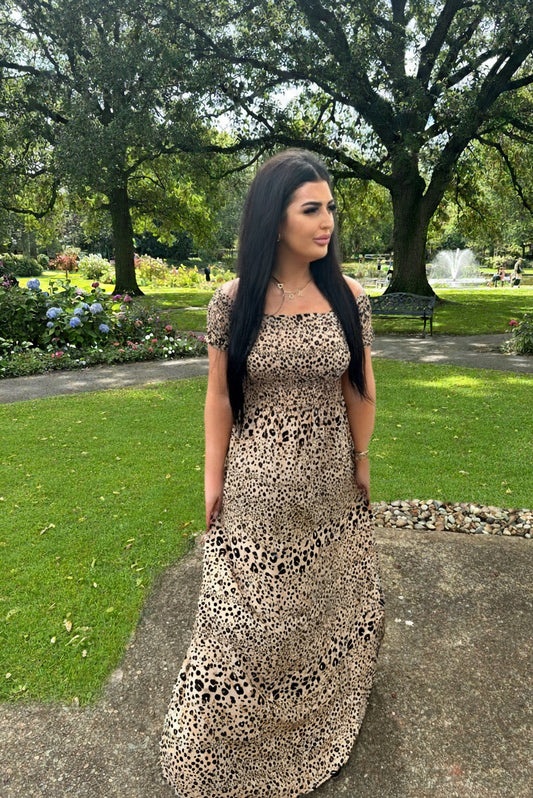 Leopard Luxe Shirred Off-Shoulder Maxi Dress