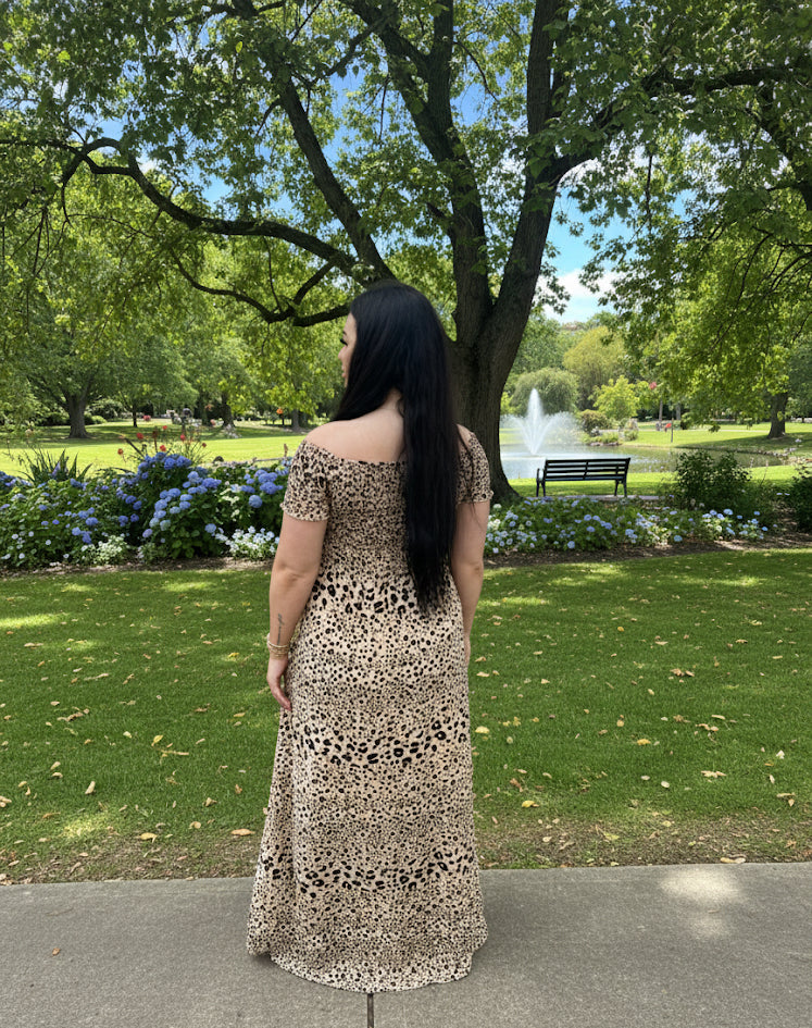 Leopard Luxe Shirred Off-Shoulder Maxi Dress