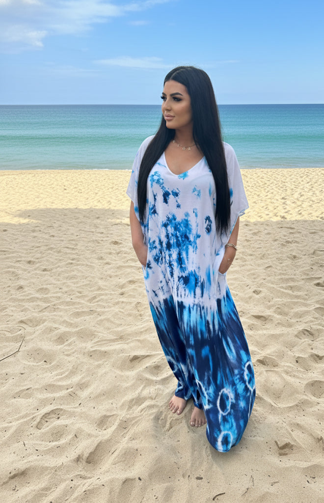 Saltwater Blue Serenity Tie-Dye 
Maxi Kaftan Dress