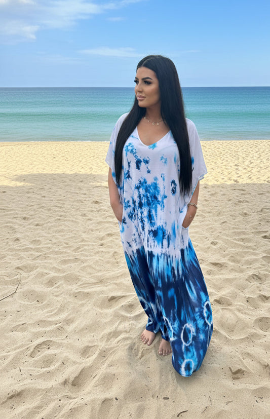 Saltwater Blue Serenity Tie-Dye 
Maxi Kaftan Dress