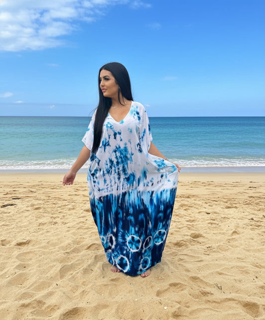 Saltwater Blue Serenity Tie-Dye 
Maxi Kaftan Dress
