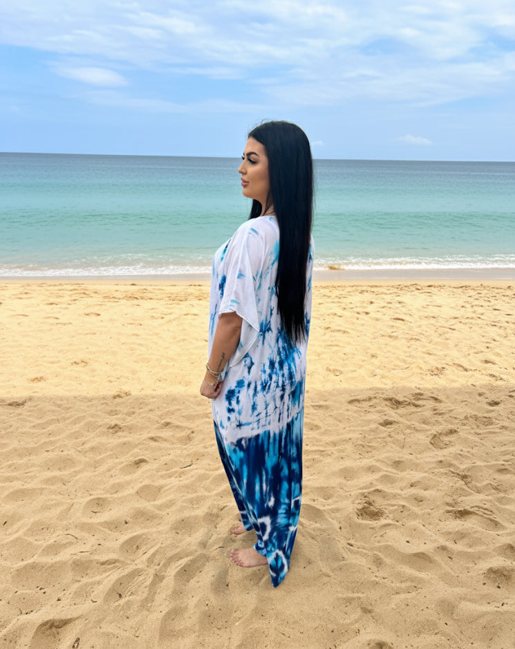Saltwater Blue Serenity Tie-Dye 
Maxi Kaftan Dress