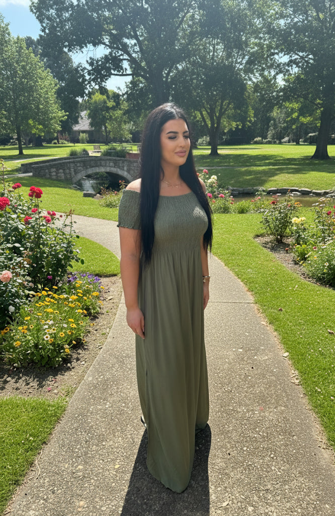 Olive Dreamer Off the Shoulder Maxi Dress