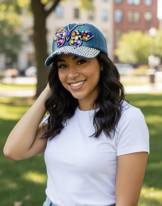 Bling Butterfly Rhinestone Blue Denim Cap