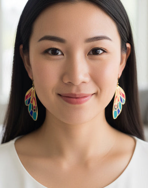 Colourful Stained Glass Wing Gold-Tone Dangle Earings