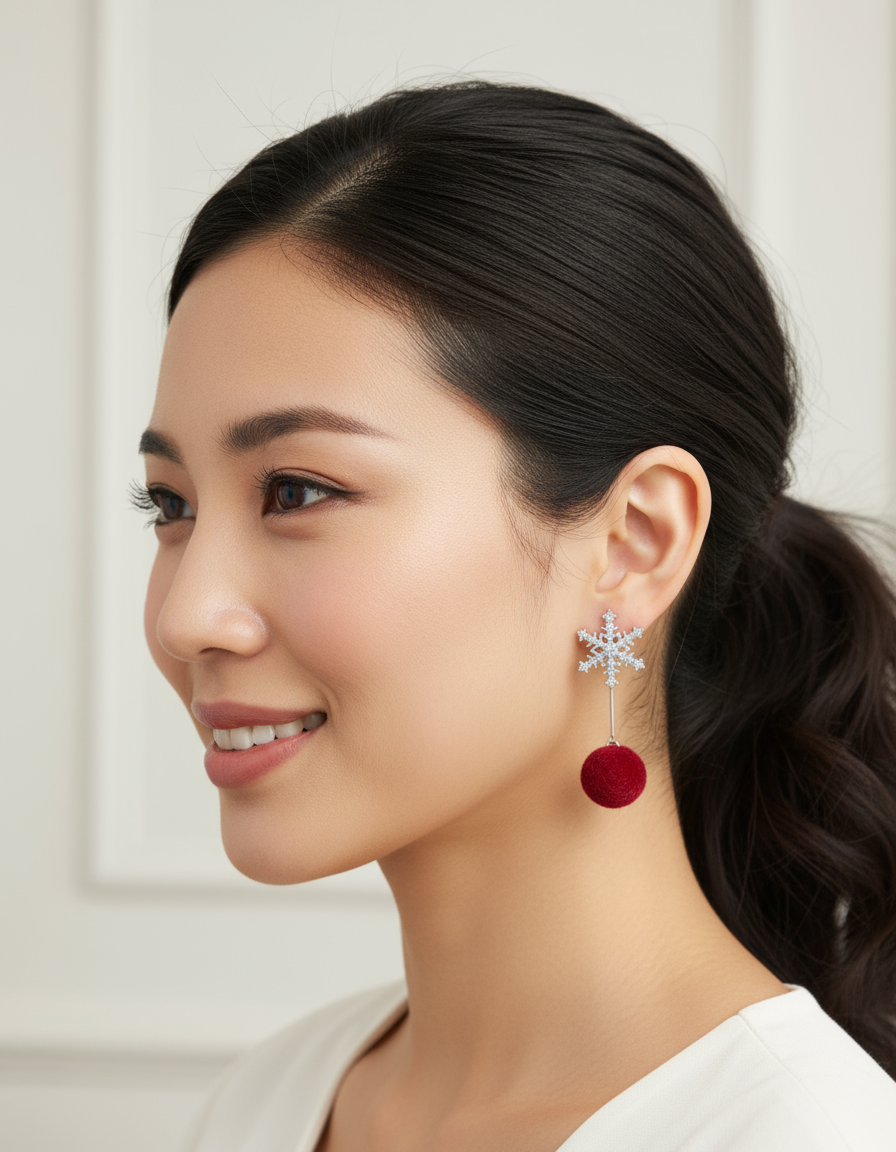 Red Pom Snowflake Drop Earrings Festive Dangles