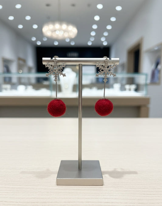 Red Pom Snowflake Drop Earrings Festive Dangles