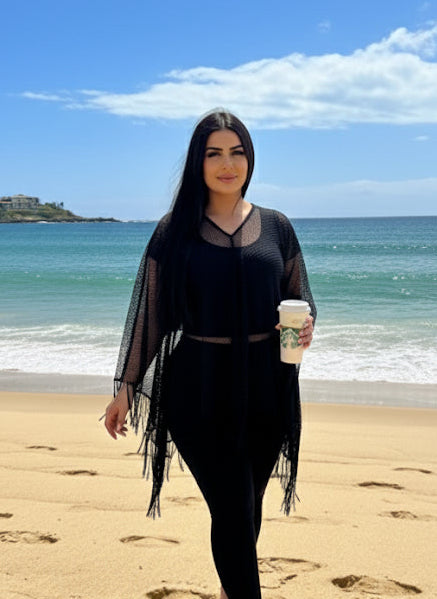 Black Shimmer Netted Kaftan Throwover Top