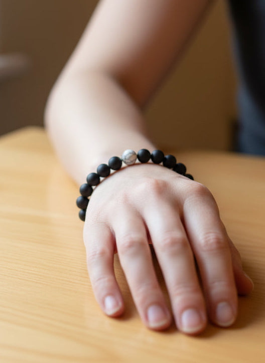 Matte Black Onyx Style Bracelet with White Howlite Accent stone Unisex