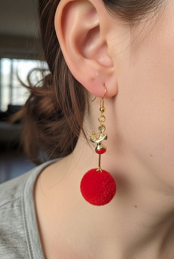 Red Reindeer Pom-Pom Christmas Earrings