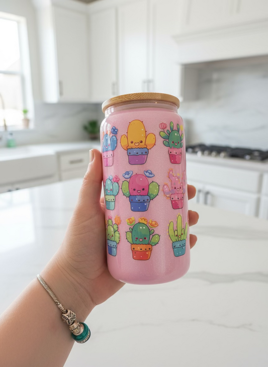 Glitter Pink Rainbow cactus Shimmer Cup Handmade Art Tumbler Glass
