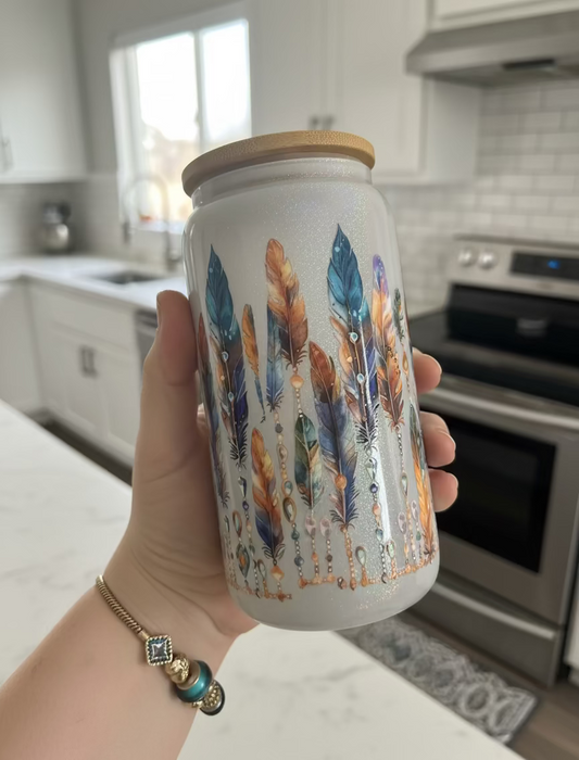 Glitter grey Boho Feathers Shimmer Cup Handmade Art Tumbler Glass